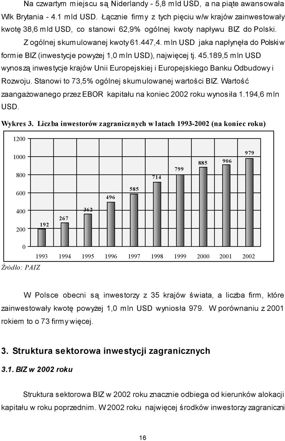 mln USD jaka napłynęła do Polski w formie BIZ (inwestycje powyżej 1,0 mln USD), najwięcej tj. 45.189,5 mln USD wynoszą inwestycje krajów Unii Europejskiej i Europejskiego Banku Odbudowy i Rozwoju.