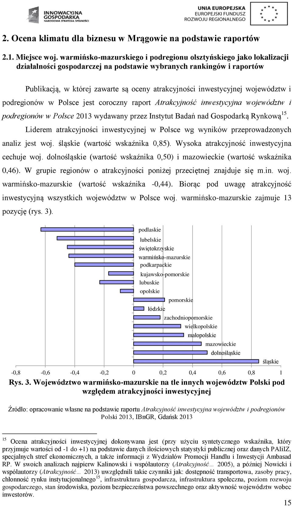 inwestycyjnej województw i podregionów w Polsce jest coroczny raport Atrakcyjność inwestycyjna województw i podregionów w Polsce 2013 wydawany przez Instytut Badań nad Gospodarką Rynkową 15.