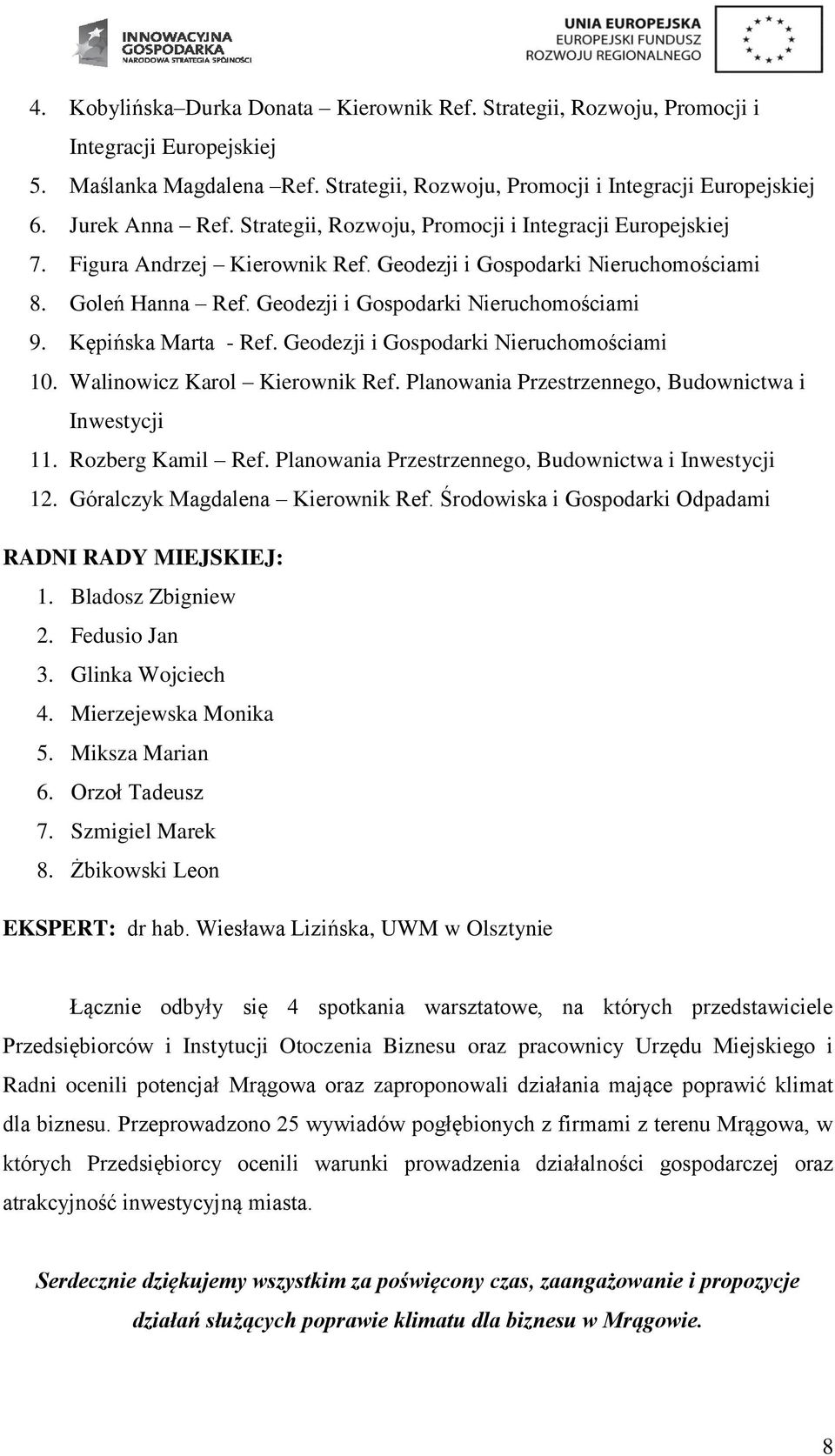 Kępińska Marta - Ref. Geodezji i Gospodarki Nieruchomościami 10. Walinowicz Karol Kierownik Ref. Planowania Przestrzennego, Budownictwa i Inwestycji 11. Rozberg Kamil Ref.