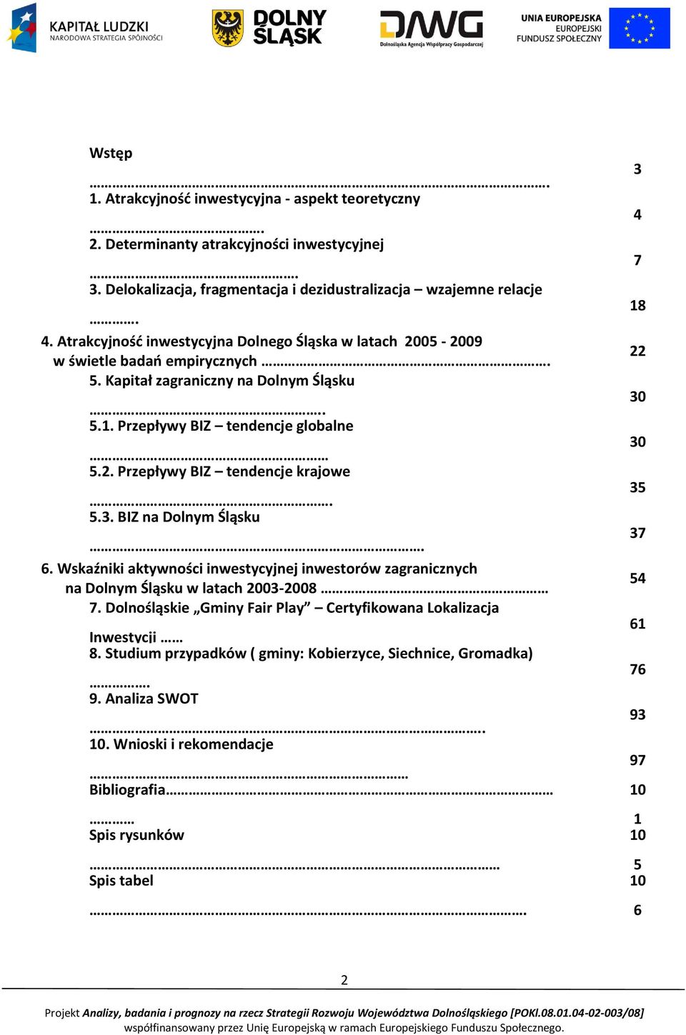 5.3. BIZ na Dolnym Śląsku. 6. Wskaźniki aktywności inwestycyjnej inwestorów zagranicznych na Dolnym Śląsku w latach 2003-2008 7.