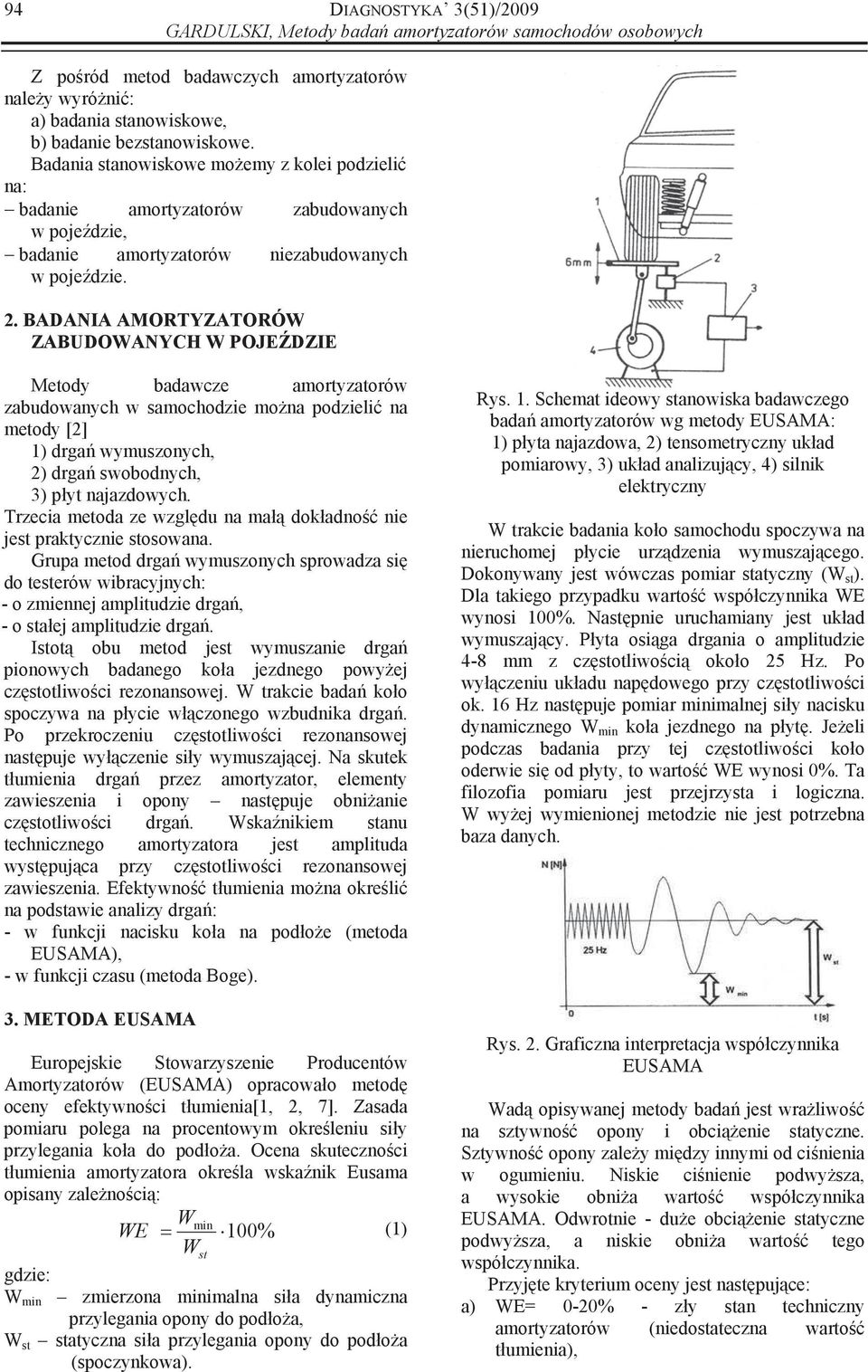 . BADANIA AMORTYZATORÓW ZABUDOWANYCH W POJEDZIE Metody badawcze amortyzatorów zabudowanych w samochodzie mona podzieli na metody [] 1) drga wymuszonych, ) drga swobodnych, 3) pyt najazdowych.