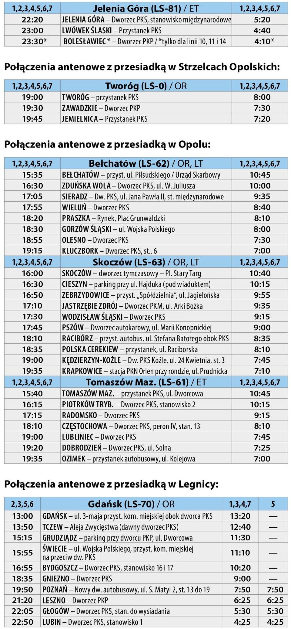 19:45 JEMIELNICA Przystanek PKS 7:20 Połączenia antenowe z przesiadką w Opolu: 1,2,3,4,5,6,7 Bełchatów (LS-62) / OR, LT 1,2,3,4,5,6,7 15:35 BEŁCHATÓW przyst. ul.