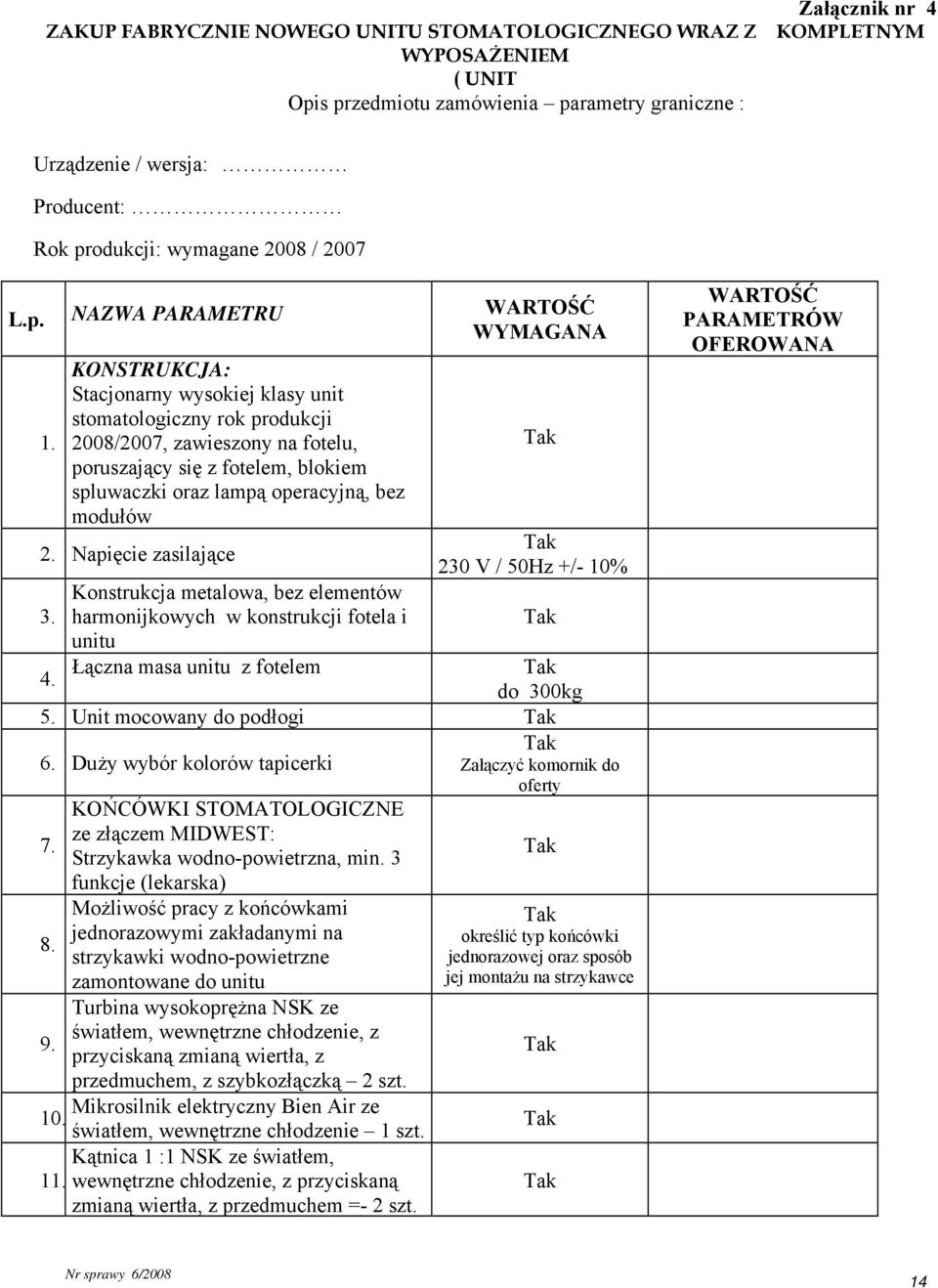 KONSTRUKCJA: Stacjonarny wysokiej klasy unit stomatologiczny rok produkcji 2008/2007, zawieszony na fotelu, poruszający się z fotelem, blokiem spluwaczki oraz lampą operacyjną, bez modułów 2.