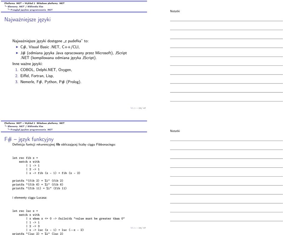 net F# język funkcyjny Definicja funkcji rekurencyjnej fib obliczającej liczby ciągu Fibbonaciego: let rec fib x = match x with 1 -> 1 2 -> 1 x -> fib (x - 1) + fib (x - 2) printfn "(fib 2) = %i"