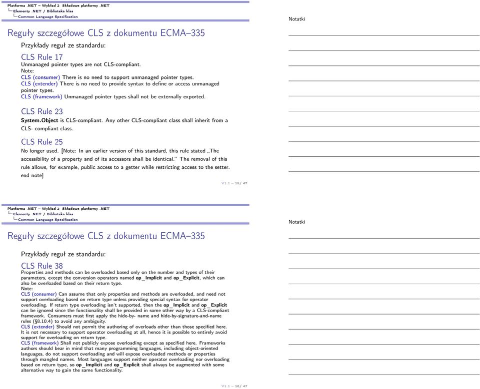 CLS (framework) Unmanaged pointer types shall not be externally exported. CLS Rule 23 System.Object is CLS-compliant. Any other CLS-compliant class shall inherit from a CLS- compliant class.