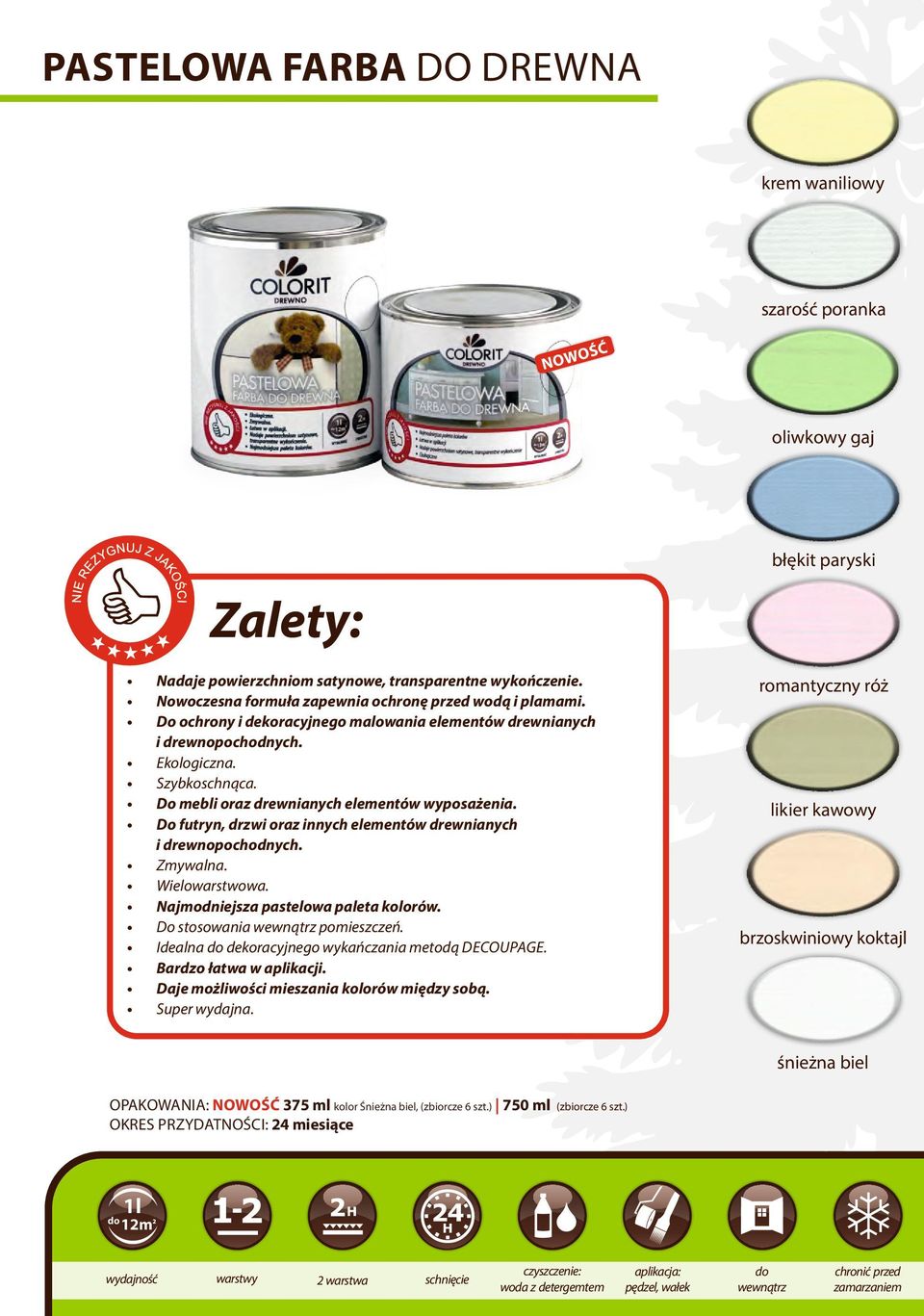 Do mebli oraz drewnianych elementów wyposażenia. Do futryn, drzwi oraz innych elementów drewnianych i drewnopochodnych. Zmywalna. Wielowarstwowa. Najmodniejsza pastelowa paleta kolorów.