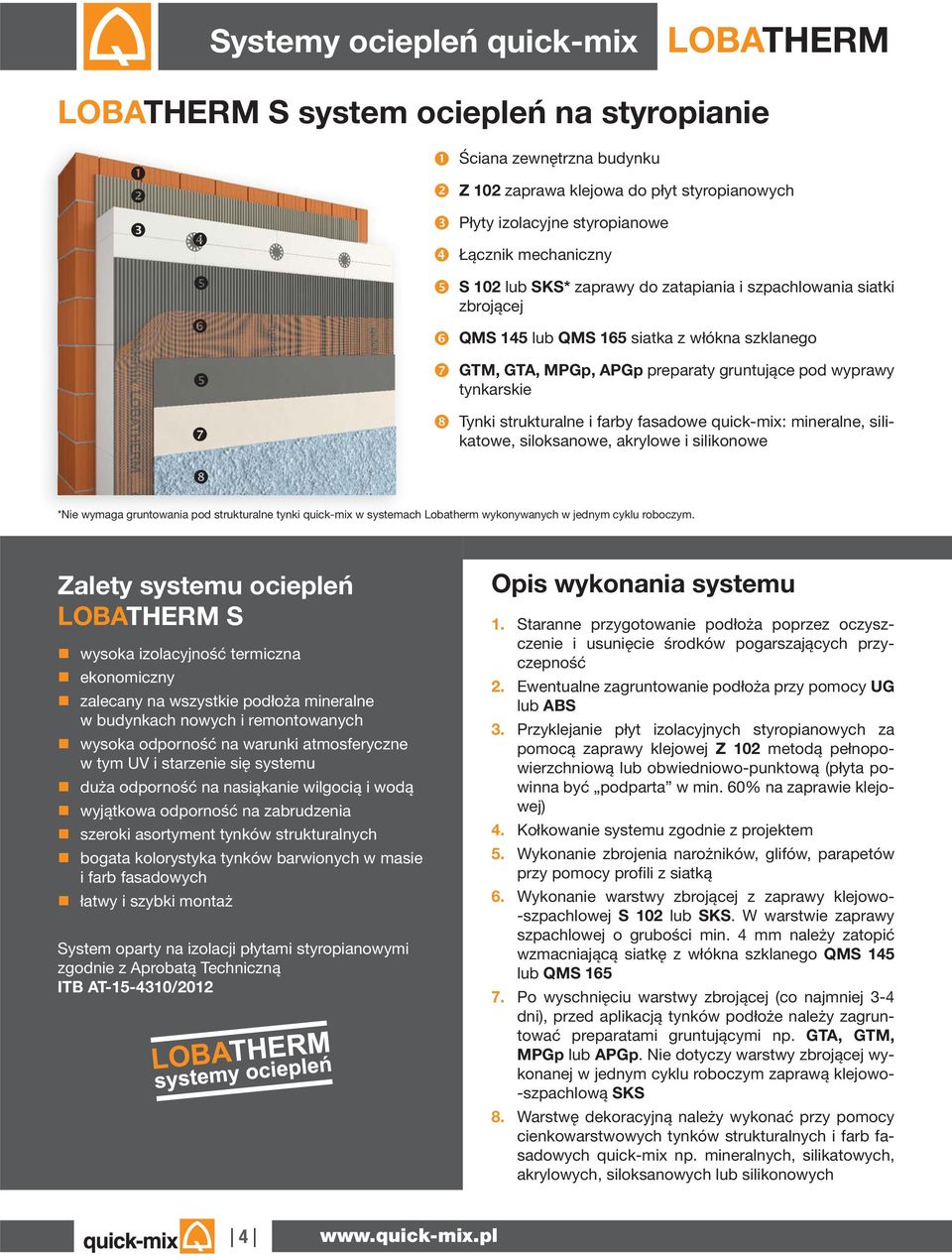 strukturalne i farby fasadowe quick-mix: mineralne, silikatowe, siloksanowe, akrylowe i silikonowe *Nie wymaga gruntowania pod strukturalne tynki quick-mix w systemach Lobatherm wykonywanych w jednym