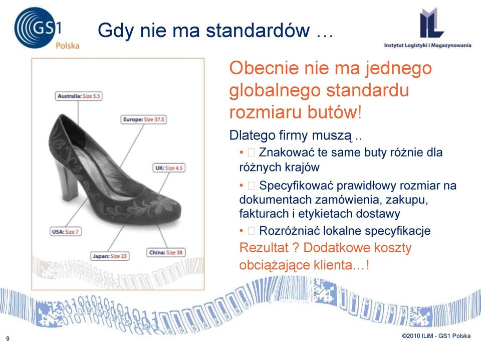 . Znakować te same buty różnie dla różnych krajów Specyfikować prawidłowy rozmiar