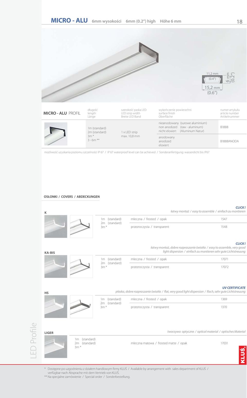 10,8 mm nieanodowany (surowe aluminium) non anodized (raw - aluminum) nicht eloxiert (Aluminum Natur) anodowany anodized eloxiert B1888 B1888ANODA możliwość uzyskania poziomu szczelności IP 67 / IP