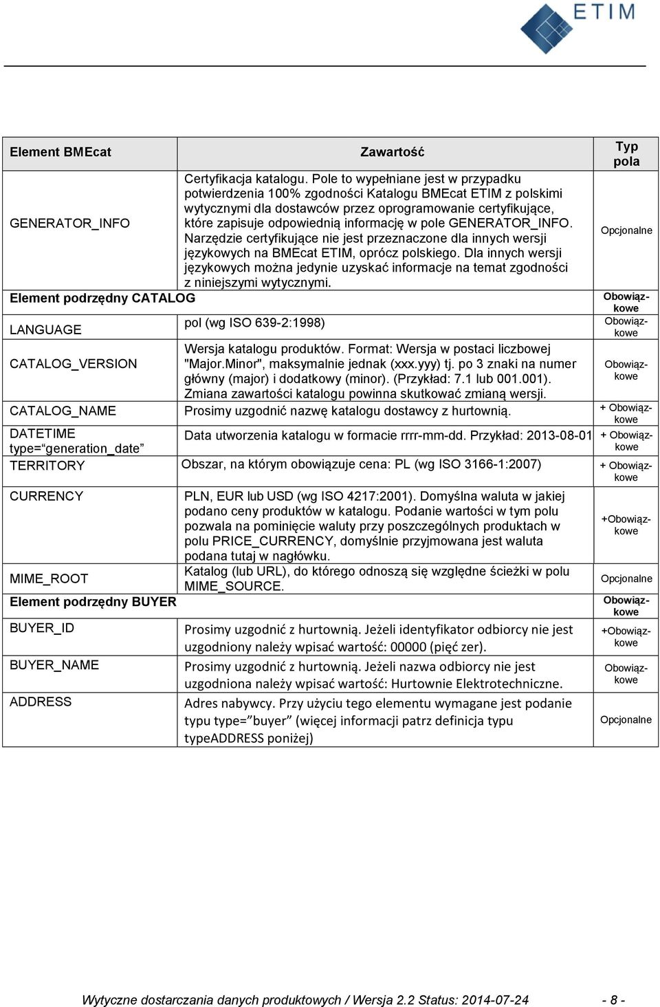 informację w pole GENERATOR_INFO. Narzędzie certyfikujące nie jest przeznaczone dla innych wersji językowych na BMEcat ETIM, oprócz polskiego.