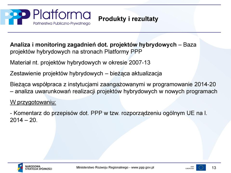 projektów hybrydowych w okresie 2007-13 Zestawienie projektów hybrydowych bieżąca aktualizacja Bieżąca współpraca z