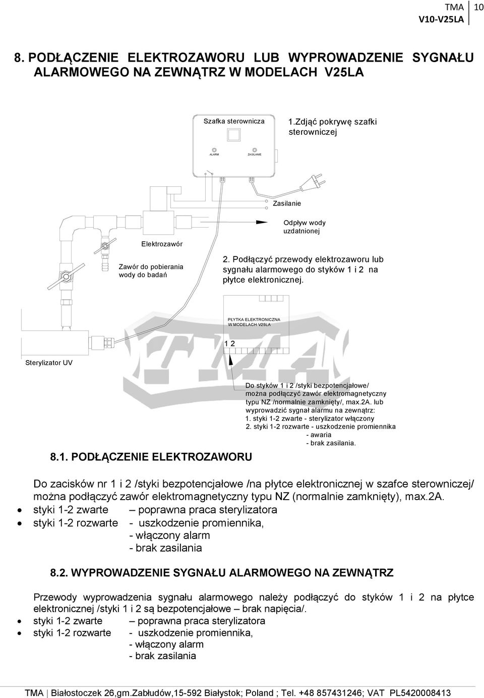 Podłączyć przewody elektrozaworu lub sygnału alarmowego do styków 1 