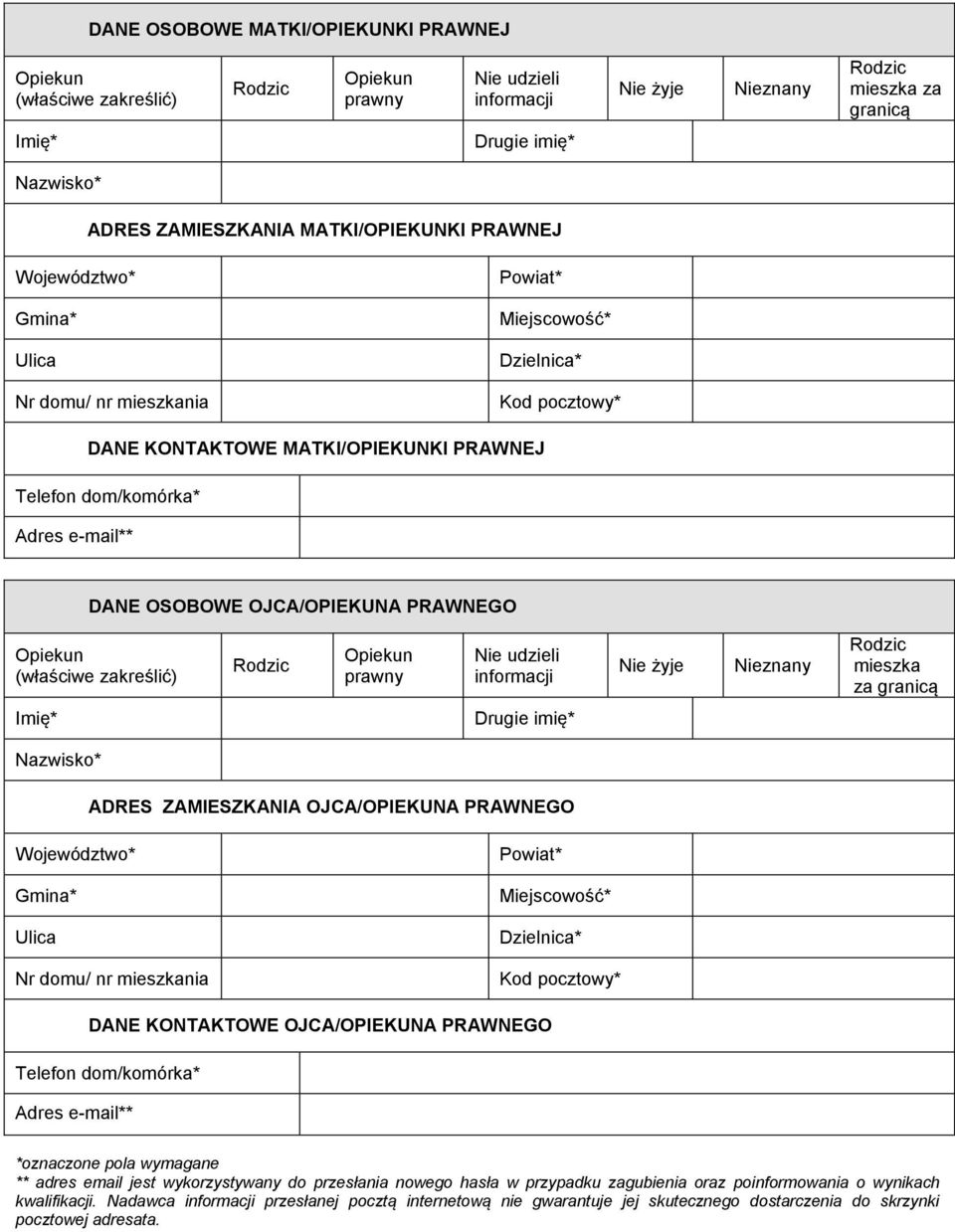 ADRES ZAMIESZKANIA OJCA/OPIEKUNA PRAWNEGO DANE KONTAKTOWE OJCA/OPIEKUNA PRAWNEGO Telefon dom/komórka* Adres e-mail** *oznaczone pola wymagane ** adres email jest wykorzystywany do przesłania nowego