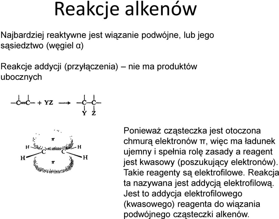 ujemny i spełnia rolę zasady a reagent jest kwasowy (poszukujący elektronów). Takie reagenty są elektrofilowe.