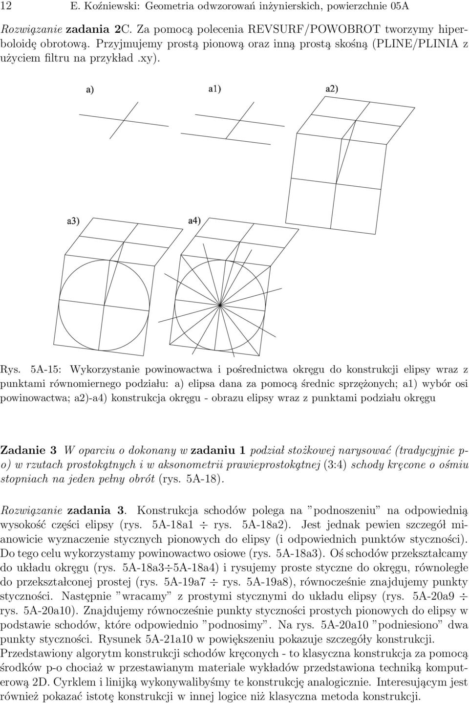 5A-15: Wykorzystanie powinowactwa i pośrednictwa okrȩgu do konstrukcji elipsy wraz z punktami równomiernego podzia lu: a) elipsa dana za pomoc a średnic sprzȩżonych; a1) wybór osi powinowactwa;