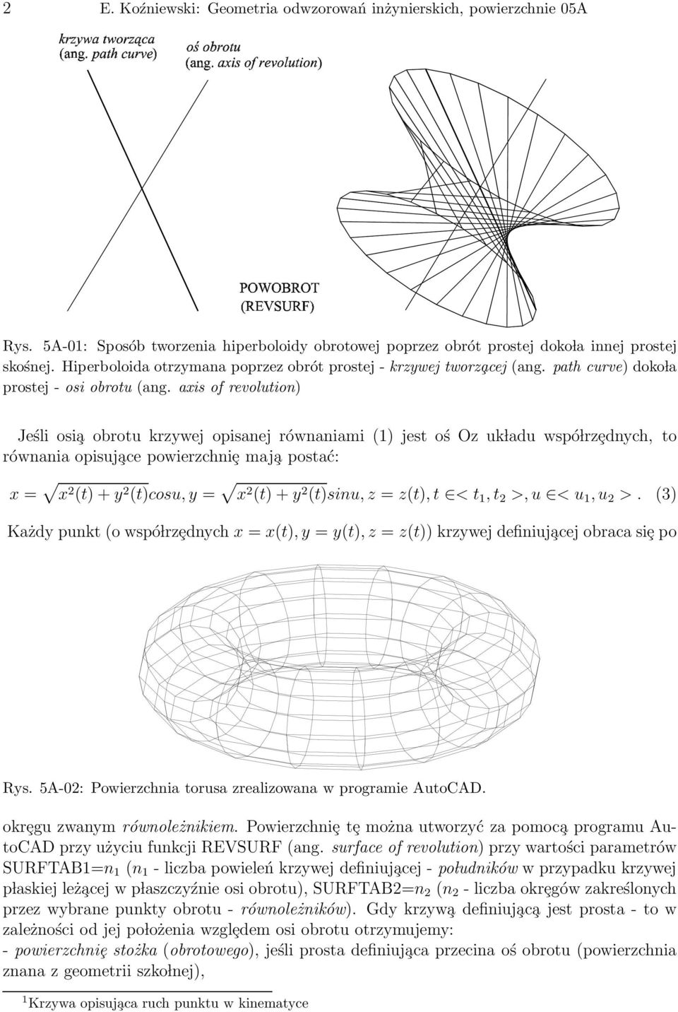 axis of revolution) Jeśli osi a obrotu krzywej opisanej równaniami (1) jest oś Oz uk ladu wspó lrzȩdnych, to równania opisuj ace powierzchniȩ maj a postać: x = x 2 (t) + y 2 (t)cosu, y = x 2 (t) + y