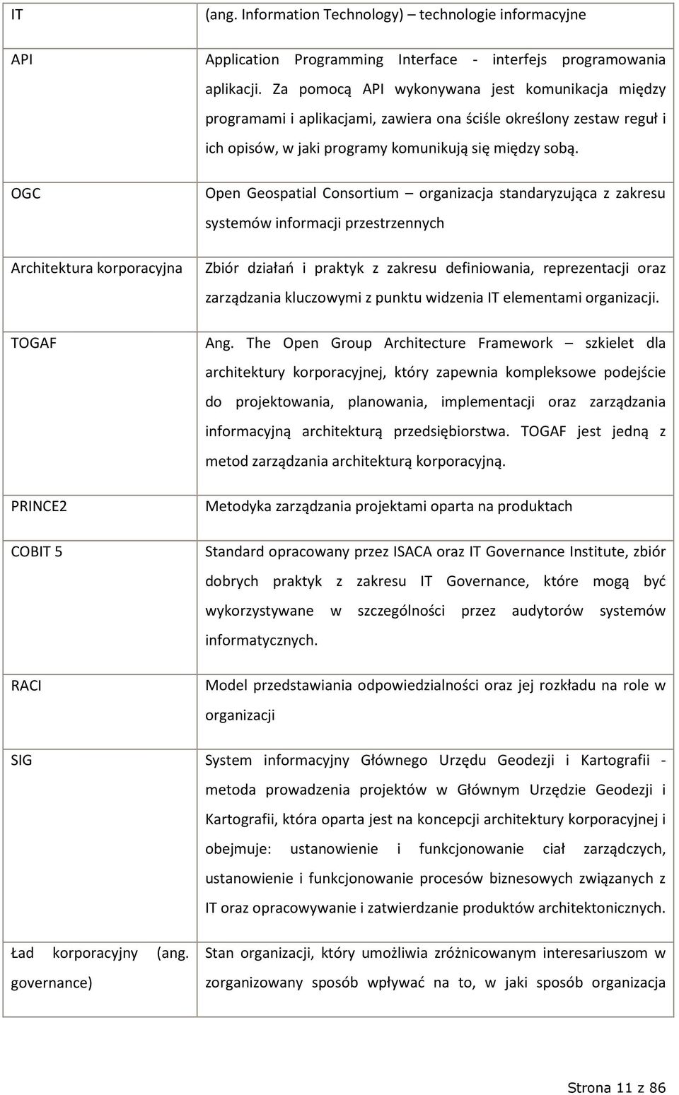 Open Geospatial Consortium organizacja standaryzująca z zakresu systemów informacji przestrzennych Architektura korporacyjna Zbiór działań i praktyk z zakresu definiowania, reprezentacji oraz