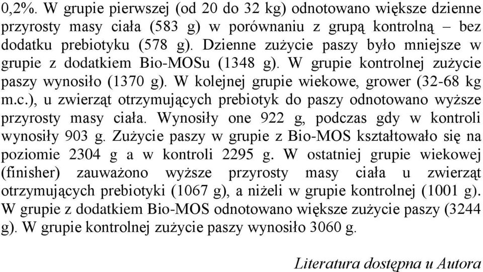 Wynosiły one 922 g, podczas gdy w kontroli wynosiły 903 g. Zużycie paszy w grupie z Bio-MOS kształtowało się na poziomie 2304 g a w kontroli 2295 g.