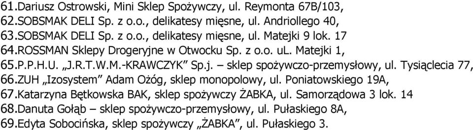 Tysiąclecia 77, 66.ZUH Izosystem Adam Ożóg, sklep monopolowy, ul. Poniatowskiego 19A, 67.Katarzyna Bętkowska BAK, sklep spożywczy ŻABKA, ul.