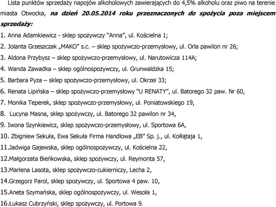 Jolanta Grzeszczak MAKO s.c. sklep spożywczo-przemysłowy, ul. Orla pawilon nr 26; 3. Aldona Przybysz sklep spożywczo-przemysłowy, ul. Narutowicza 114A; 4. Wanda Zawadka sklep ogólnospożywczy, ul.