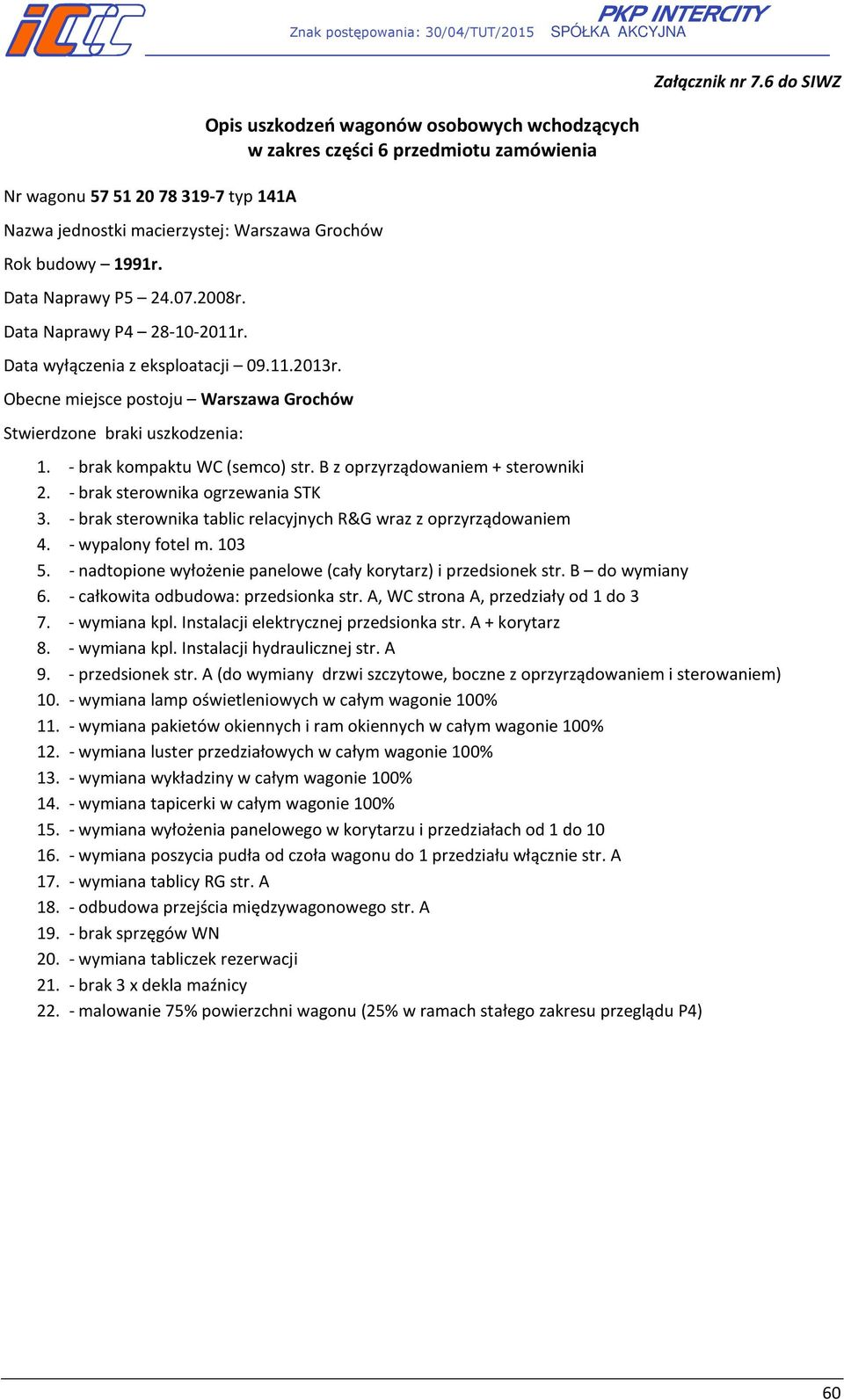 - brak sterownika ogrzewania STK 3. - brak sterownika tablic relacyjnych R&G wraz z oprzyrządowaniem 4. - wypalony fotel m. 103 5. - nadtopione wyłożenie panelowe (cały korytarz) i przedsionek str.