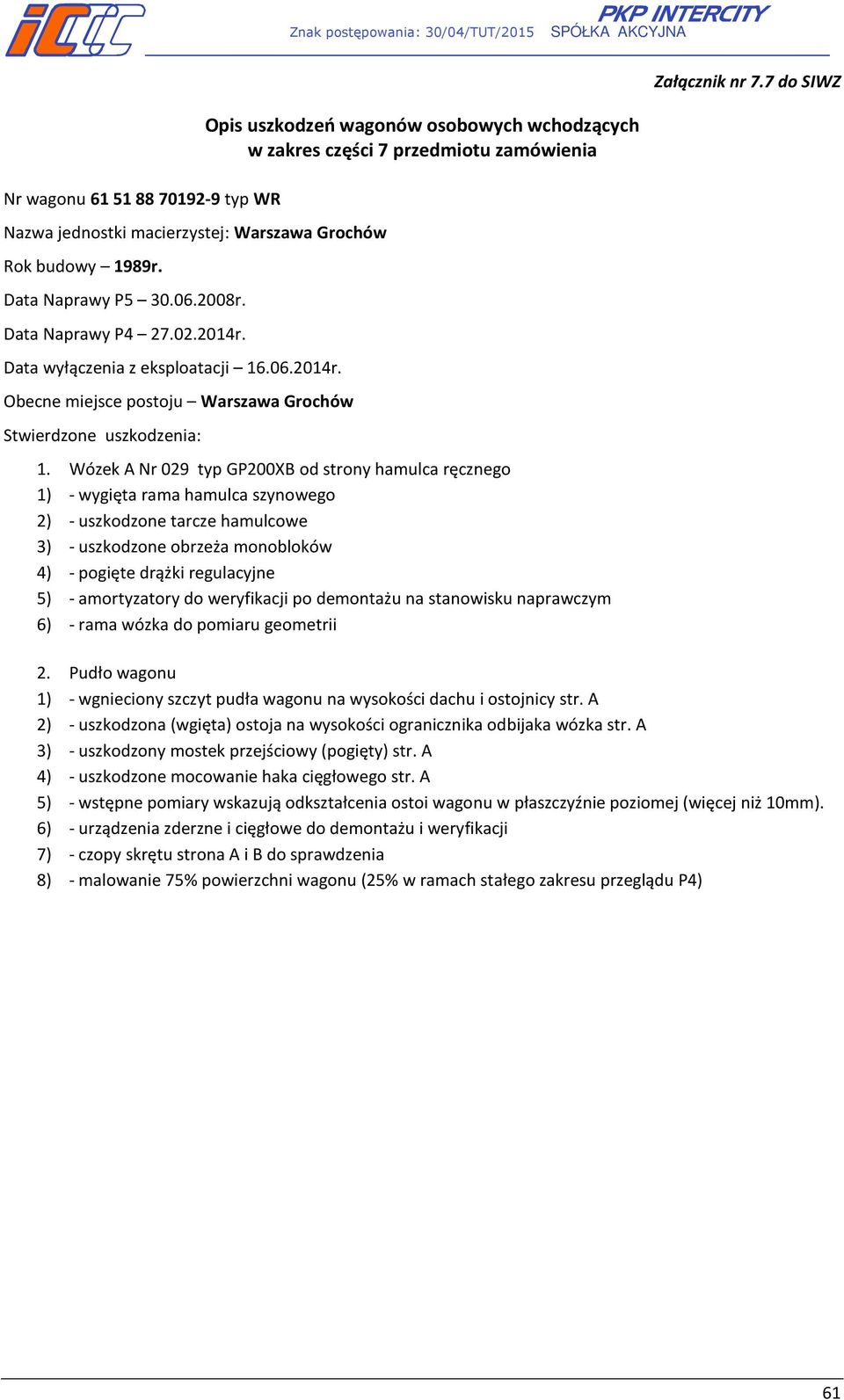 amortyzatory do weryfikacji po demontażu na stanowisku naprawczym 6) - rama wózka do pomiaru geometrii Załącznik nr 7.7 do SIWZ 2.