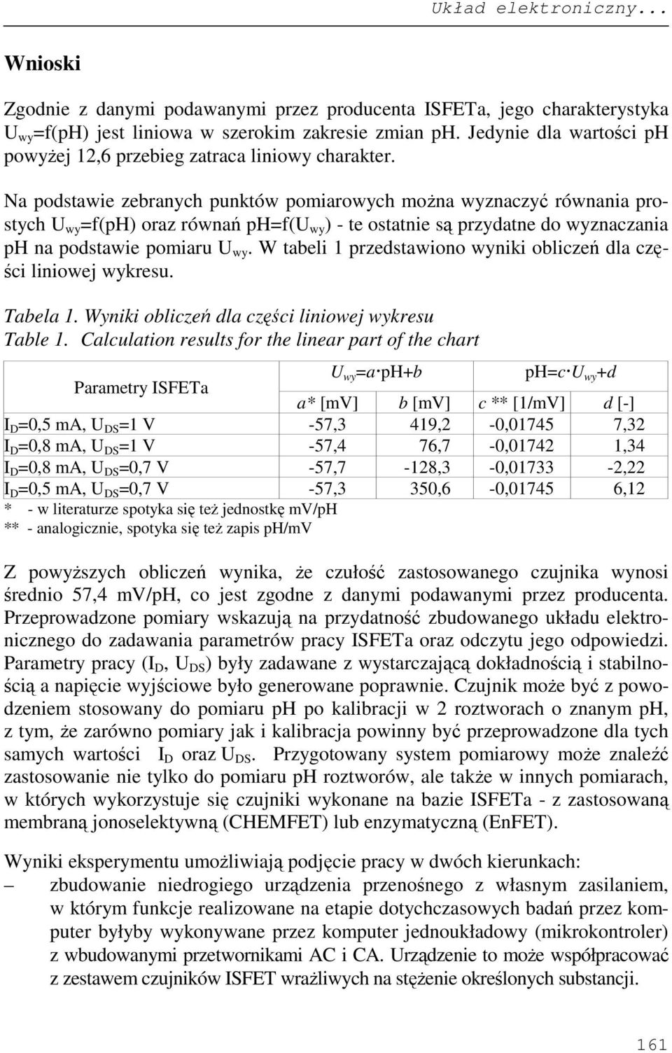 Na podstawie zebranych punktów pomiarowych moŝna wyznaczyć równania prostych U wy =f(ph) oraz równań ph=f(u wy ) - te ostatnie są przydatne do wyznaczania ph na podstawie pomiaru U wy.