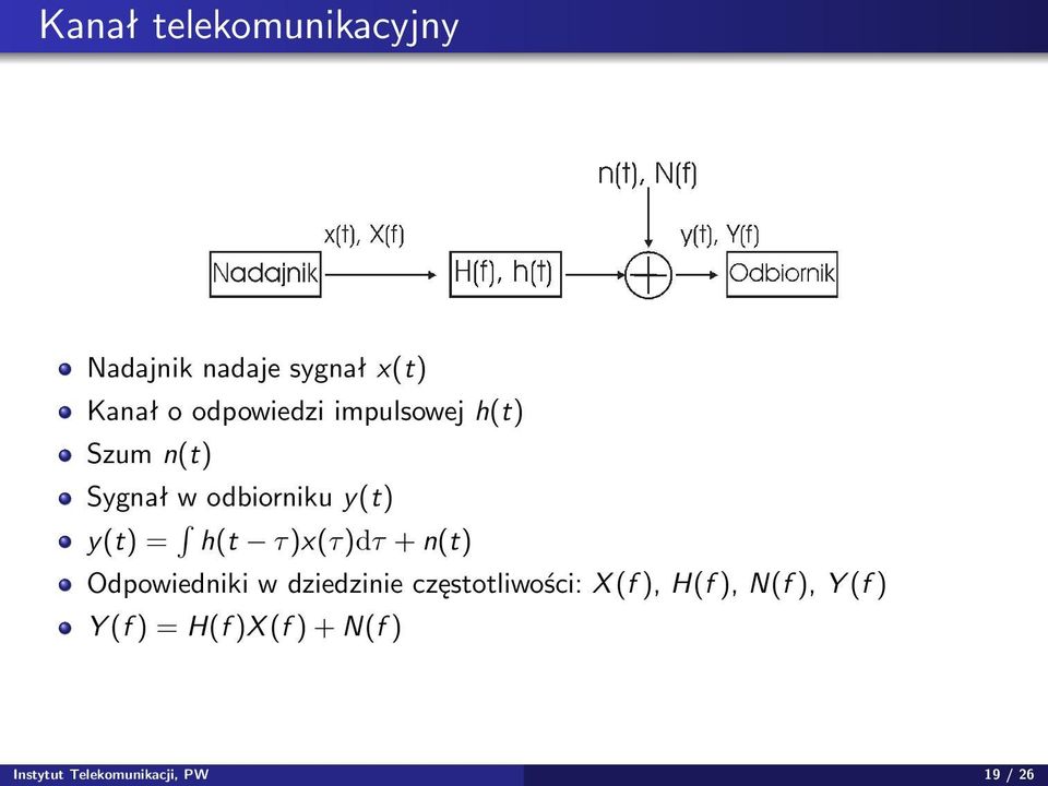 + n(t) Odpowiedniki w dziedzinie częstotliwości: X (f ), H(f ), N(f ),