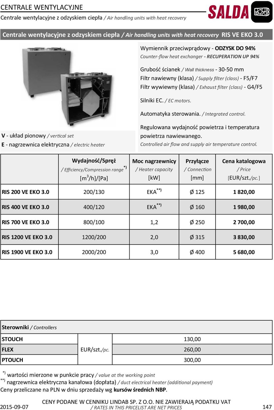 wywiewny (klasa) / Exhaust filter (class) - G4/F5 Silniki EC. / EC motors. Automatyka sterowania. / Integrated control.