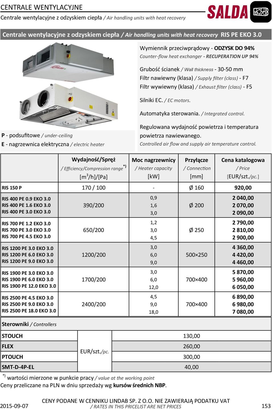 wywiewny (klasa) / Exhaust filter (class) - F5 Silniki EC. / EC motors. Automatyka sterowania. / Integrated control.