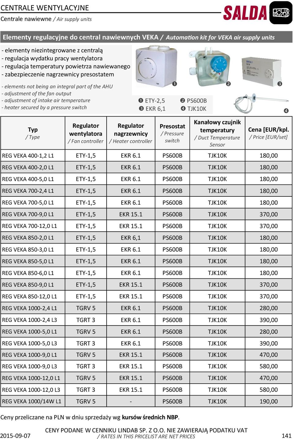 intake air temperature - heater secured by a pressure switch Typ / Type Regulator wentylatora / Fan controller ETY-2,5 EKR 6,1 Regulator nagrzewnicy / Heater controller Presostat / Pressure switch