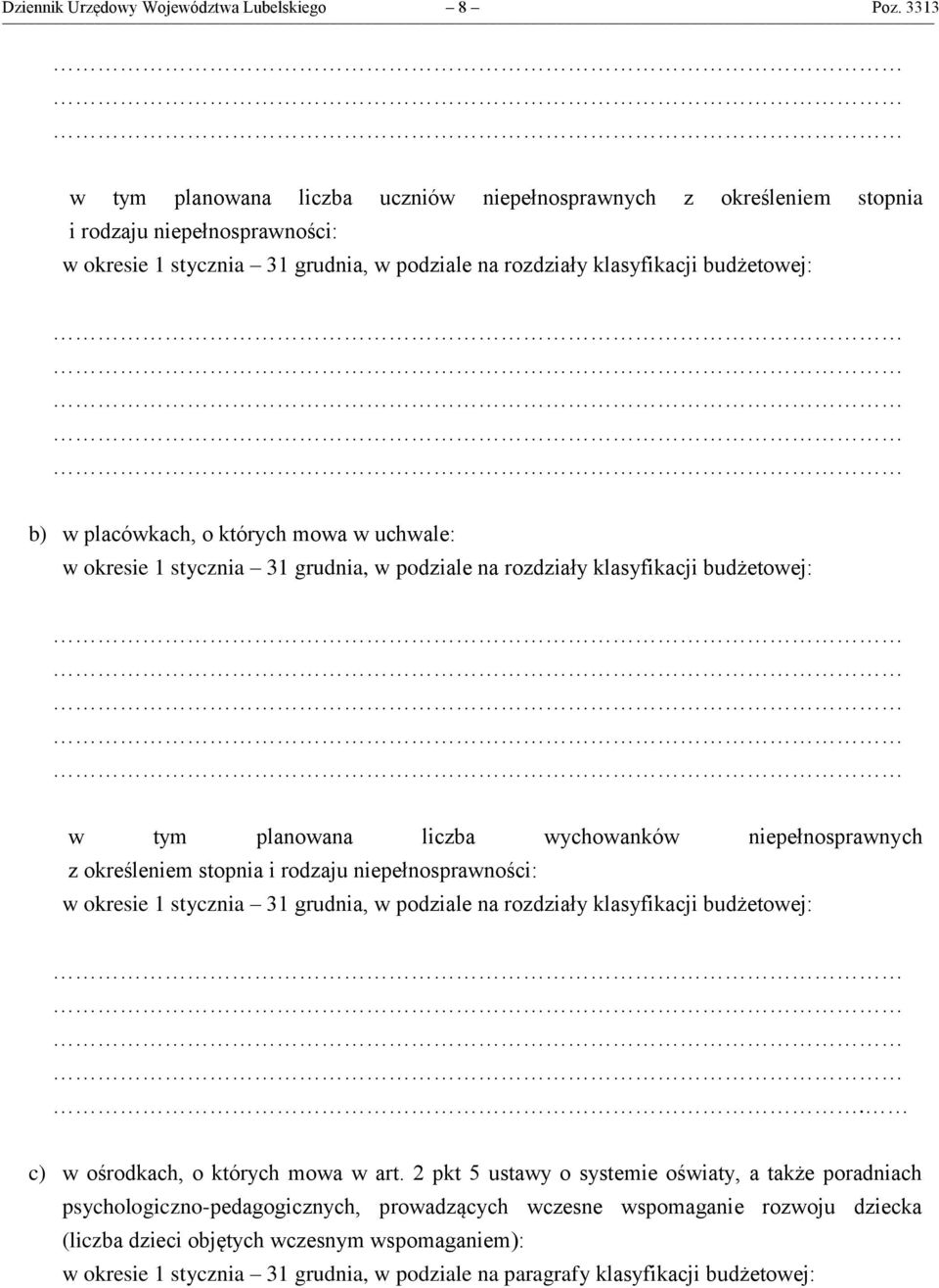 placówkach, o których mowa w uchwale: w okresie 1 stycznia 31 grudnia, w podziale na rozdziały klasyfikacji budżetowej: w tym planowana liczba wychowanków niepełnosprawnych z określeniem stopnia i