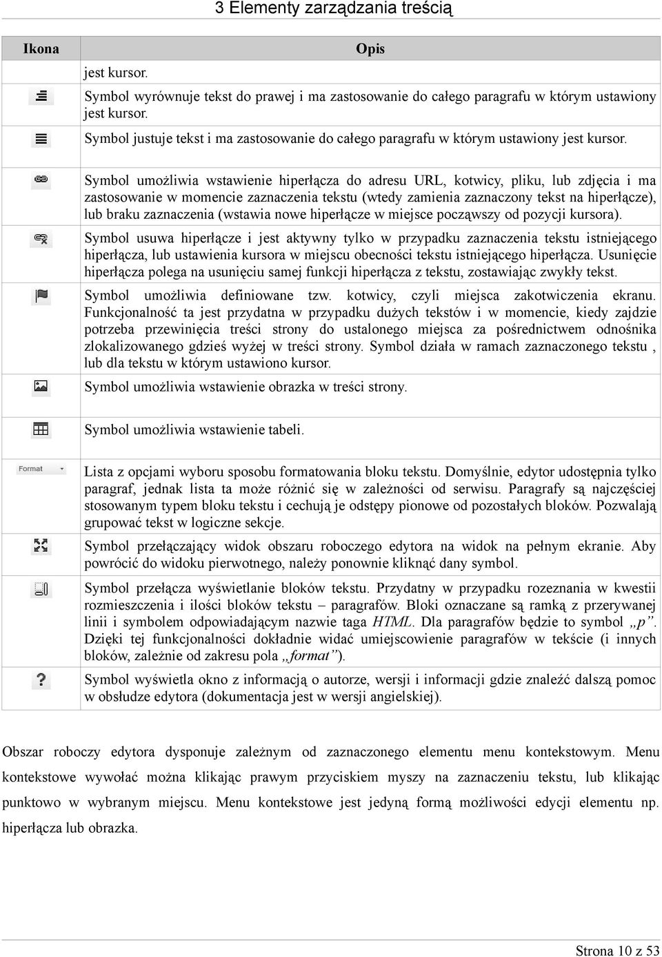 Symbol umożliwia wstawienie hiperłącza do adresu URL, kotwicy, pliku, lub zdjęcia i ma zastosowanie w momencie zaznaczenia tekstu (wtedy zamienia zaznaczony tekst na hiperłącze), lub braku