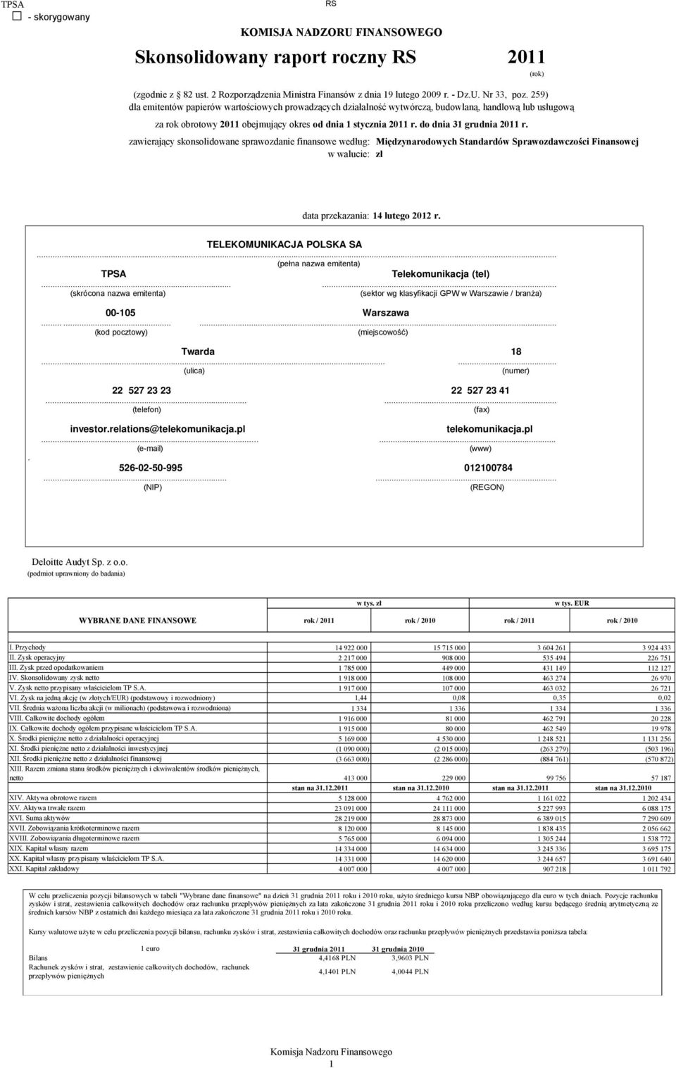 do dnia 31 grudnia 2011 r. zawierający skonsolidowane sprawozdanie finansowe według: Międzynarodowych Standardów Sprawozdawczości Finansowej w walucie: zł data przekazania: 14 lutego 2012 r.