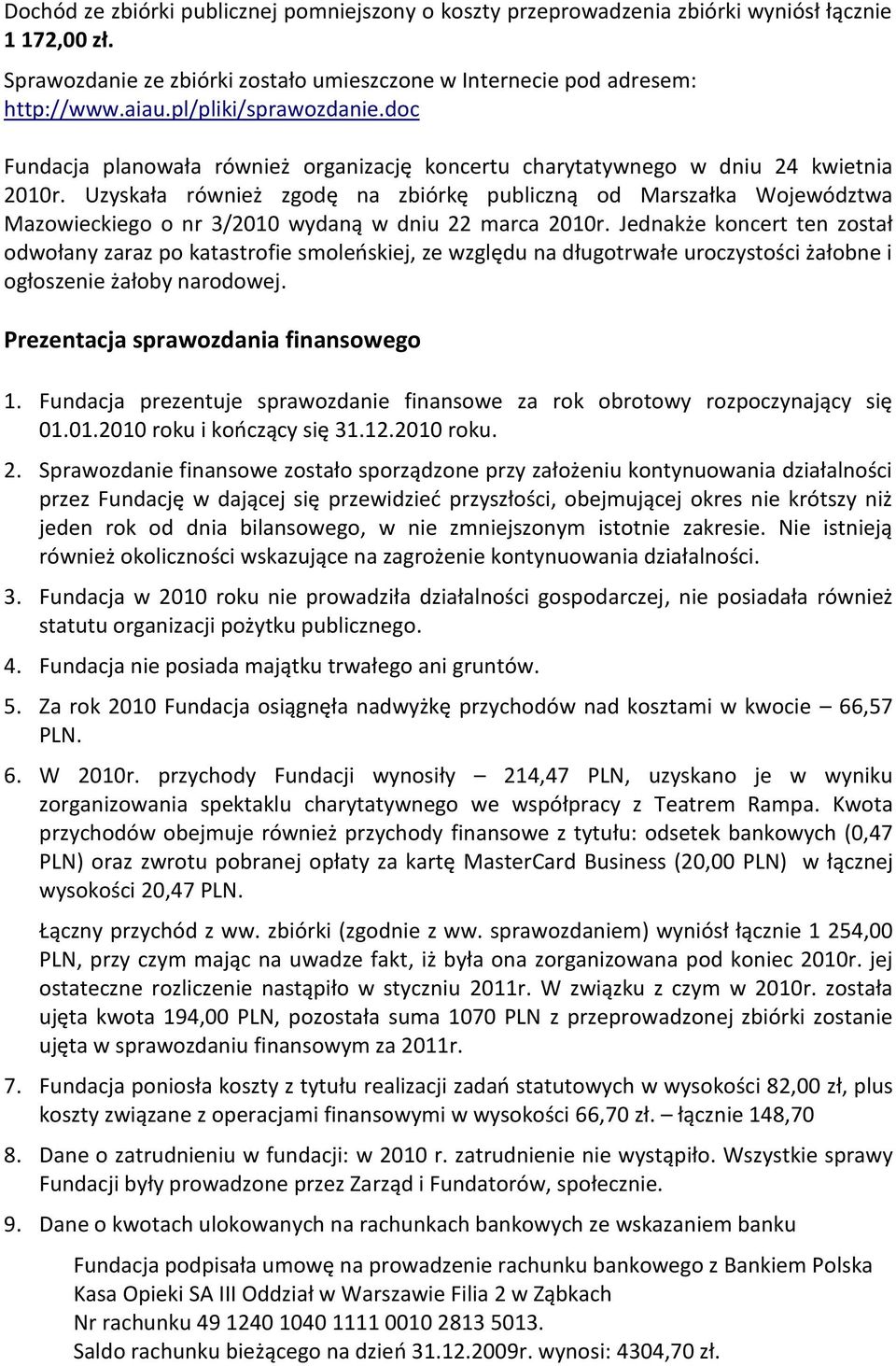 Uzyskała również zgodę na zbiórkę publiczną od Marszałka Województwa Mazowieckiego o nr 3/2010 wydaną w dniu 22 marca 2010r.