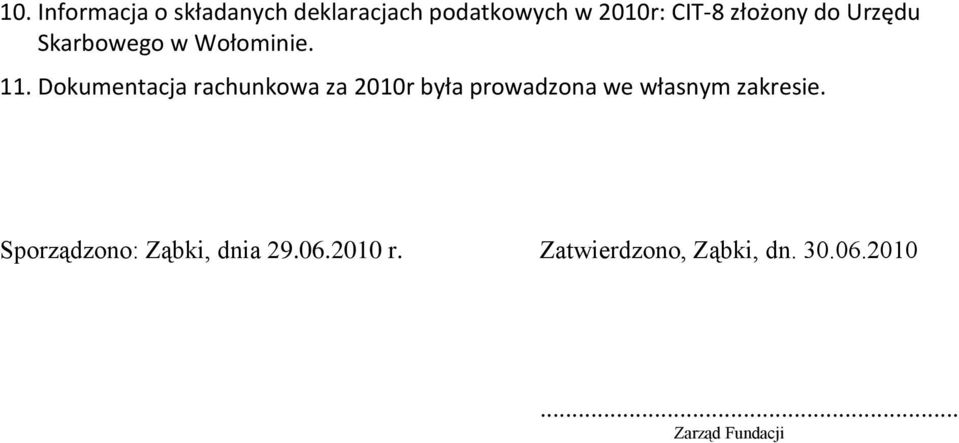 Dokumentacja rachunkowa za 2010r była prowadzona we własnym zakresie.