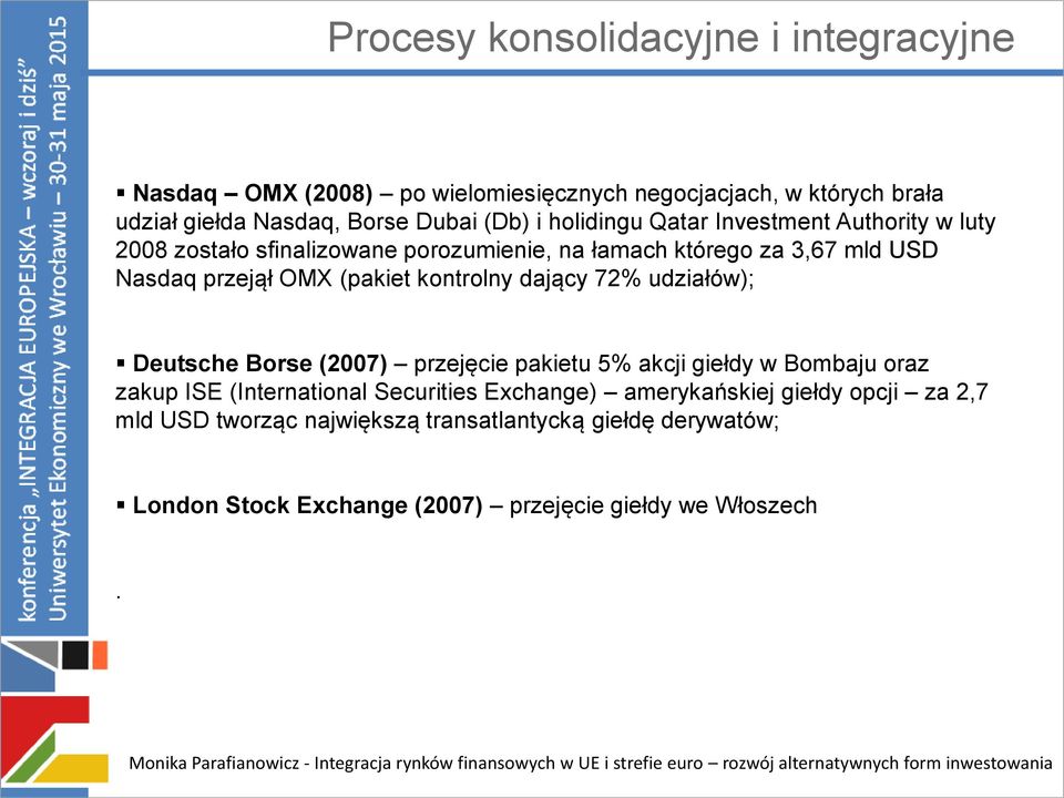 kontrolny dający 72% udziałów); Deutsche Borse (2007) przejęcie pakietu 5% akcji giełdy w Bombaju oraz zakup ISE (International Securities Exchange)