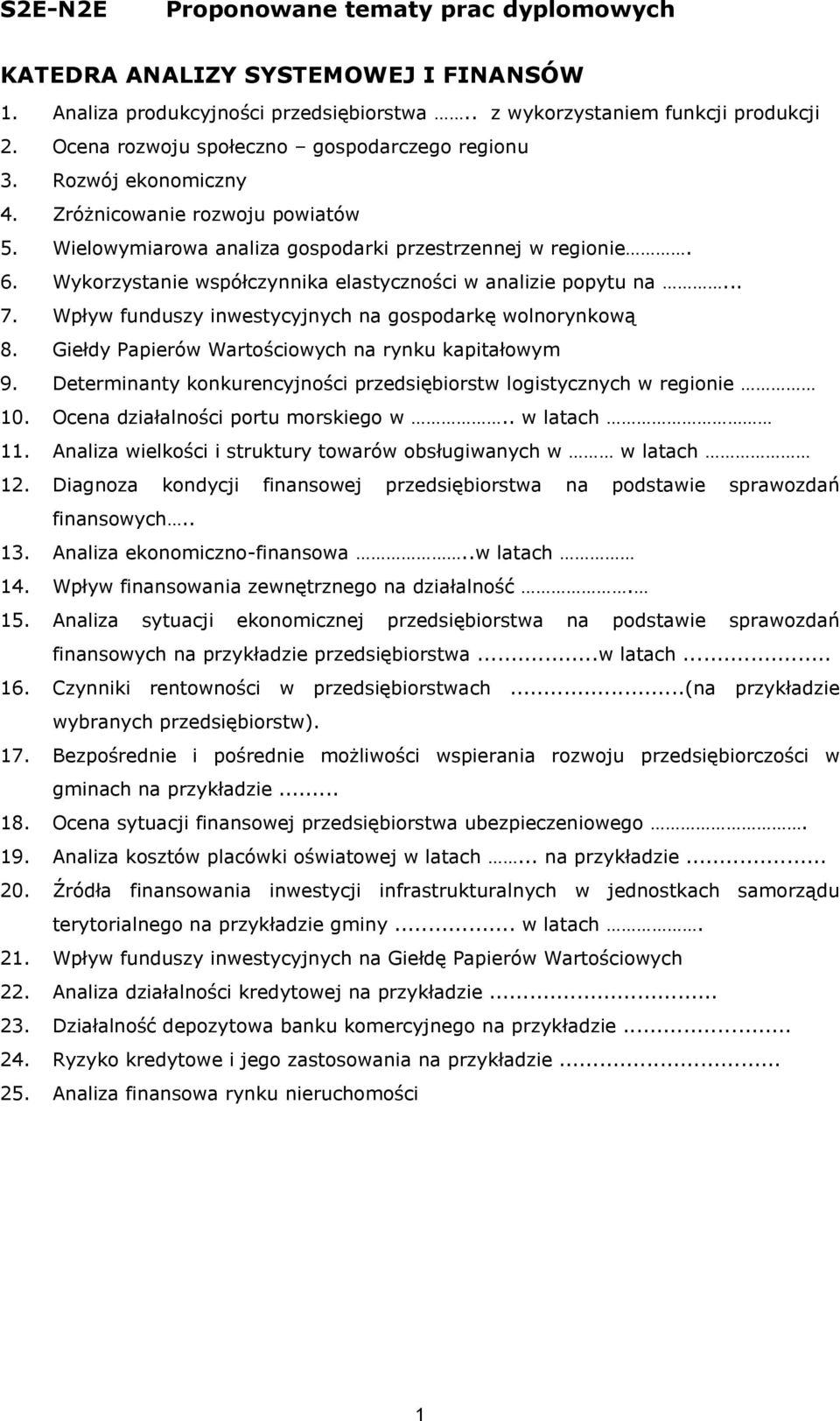 Wpływ funduszy inwestycyjnych na gospodarkę wolnorynkową 8. Giełdy Papierów Wartościowych na rynku kapitałowym 9. Determinanty konkurencyjności przedsiębiorstw logistycznych w regionie 10.