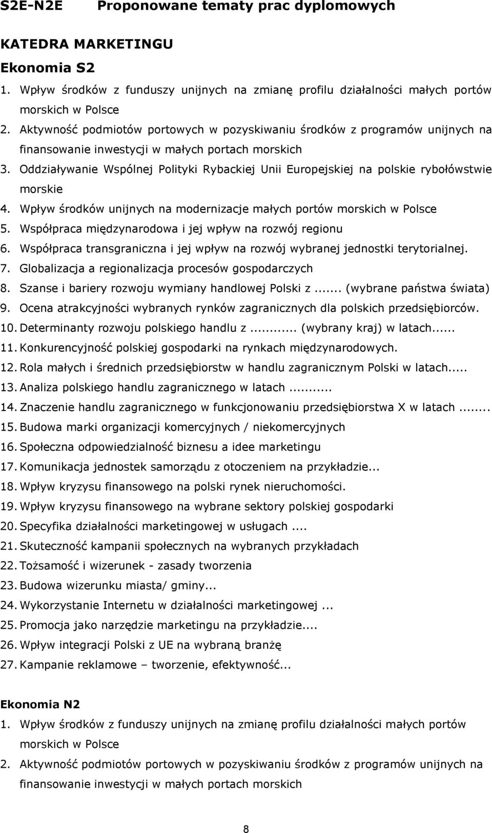 Oddziaływanie Wspólnej Polityki Rybackiej Unii Europejskiej na polskie rybołówstwie morskie 4. Wpływ środków unijnych na modernizacje małych portów morskich w Polsce 5.