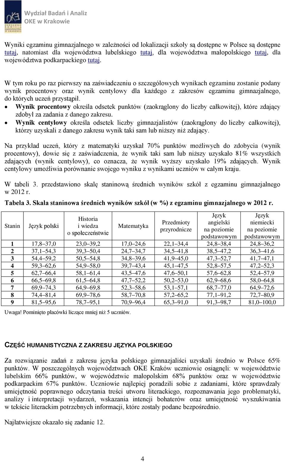 W tym roku po raz pierwszy na zaświadczeniu o szczegółowych wynikach egzaminu zostanie podany wynik procentowy oraz wynik centylowy dla każdego z zakresów egzaminu gimnazjalnego, do których uczeń