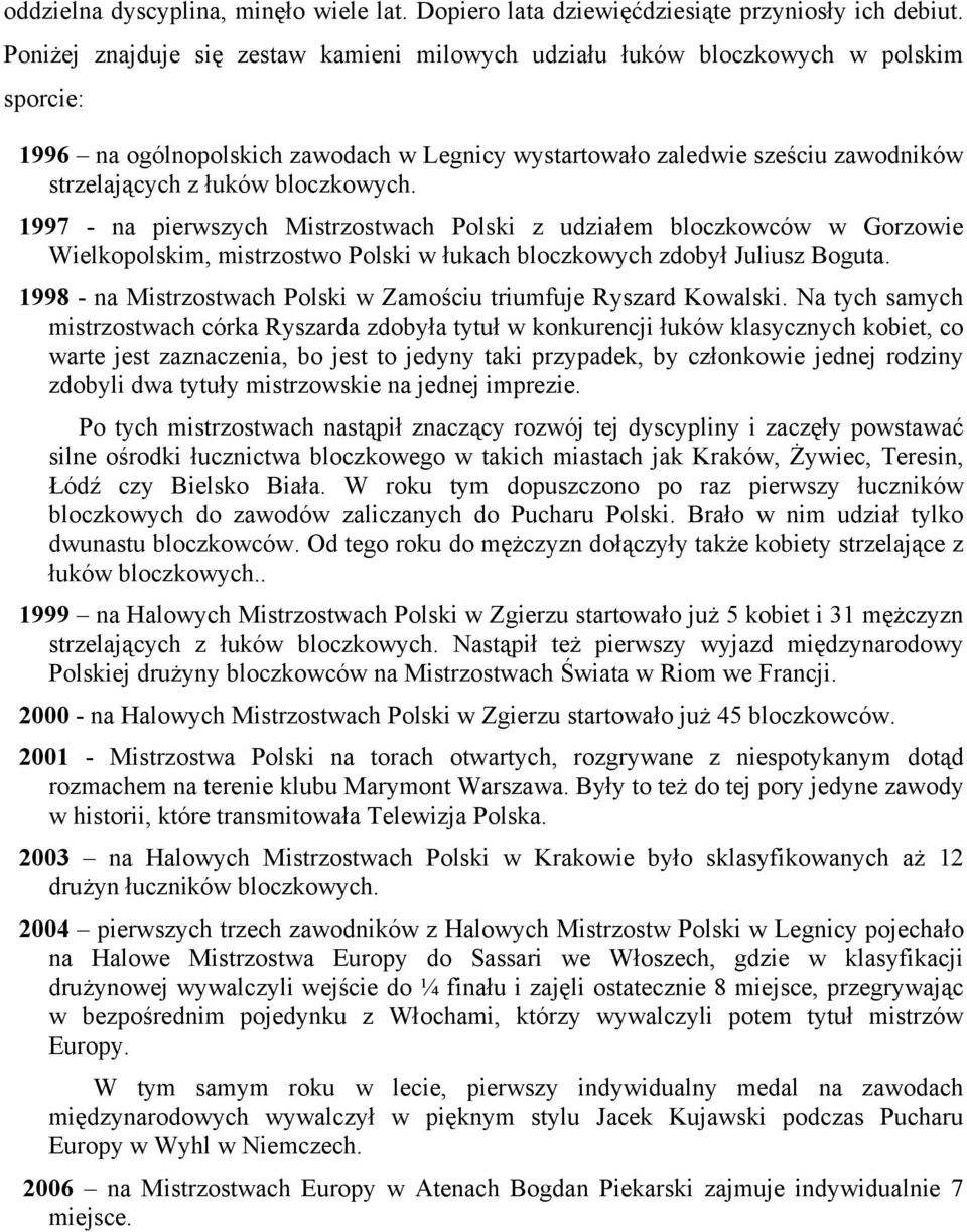bloczkowych. 1997 - na pierwszych Mistrzostwach Polski z udziałem bloczkowców w Gorzowie Wielkopolskim, mistrzostwo Polski w łukach bloczkowych zdobył Juliusz Boguta.
