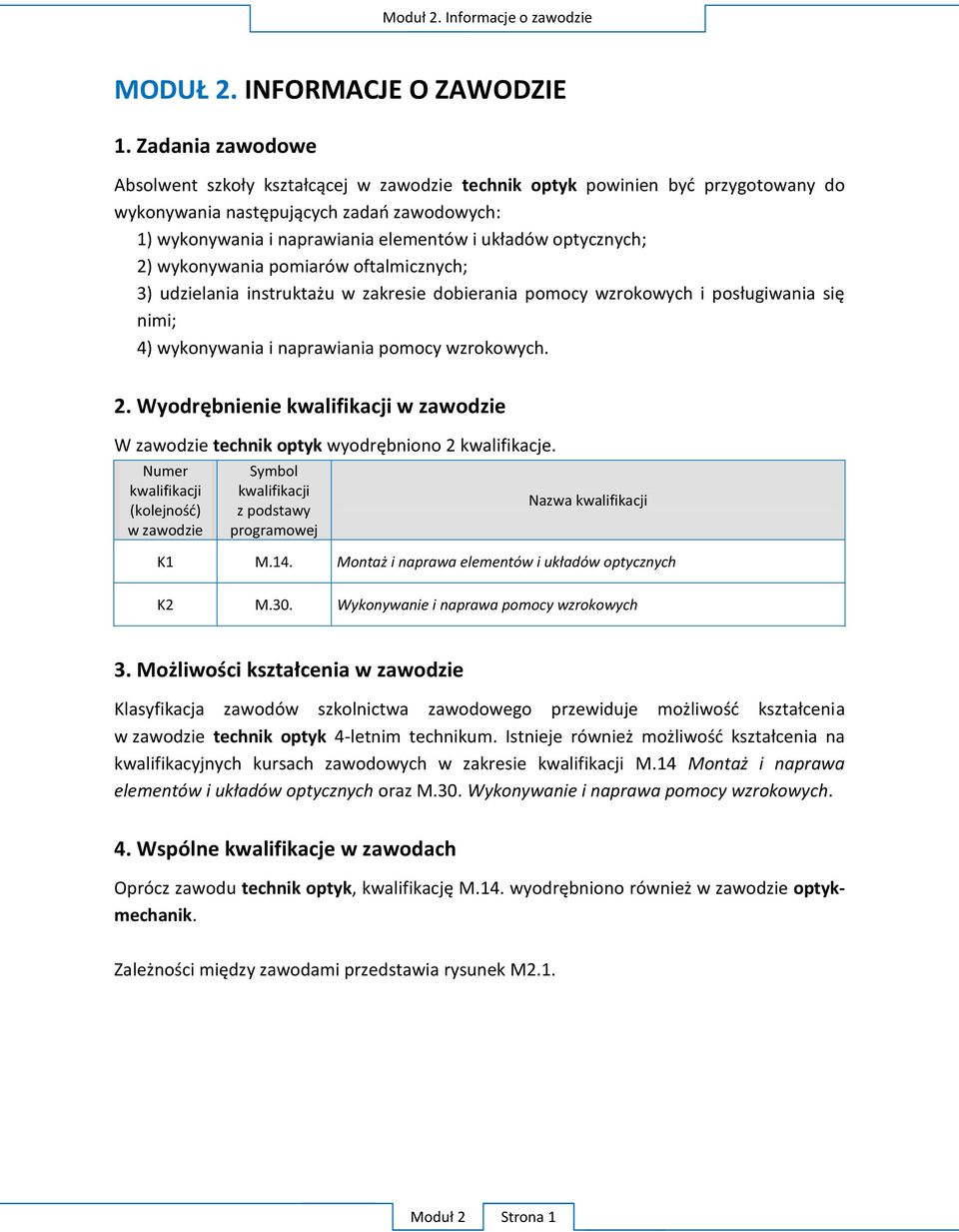 optycznych; 2) wykonywania pomiarów oftalmicznych; 3) udzielania instruktażu w zakresie dobierania pomocy wzrokowych i posługiwania się nimi; 4) wykonywania i naprawiania pomocy wzrokowych. 2. Wyodrębnienie kwalifikacji w zawodzie W zawodzie technik optyk wyodrębniono 2 kwalifikacje.