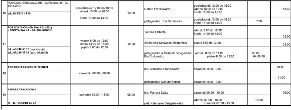 lekarski) poniedziałek do 16:30 Dorota Frankiewicz wtorek 15:00 do 19:00 13:30 środa 10:00 do 15:00 poniedziałek do 16:00 pielęgniarka Ela Durkiewicz 7:00 środa 11:00 do 14:00 Tanona Elżbieta