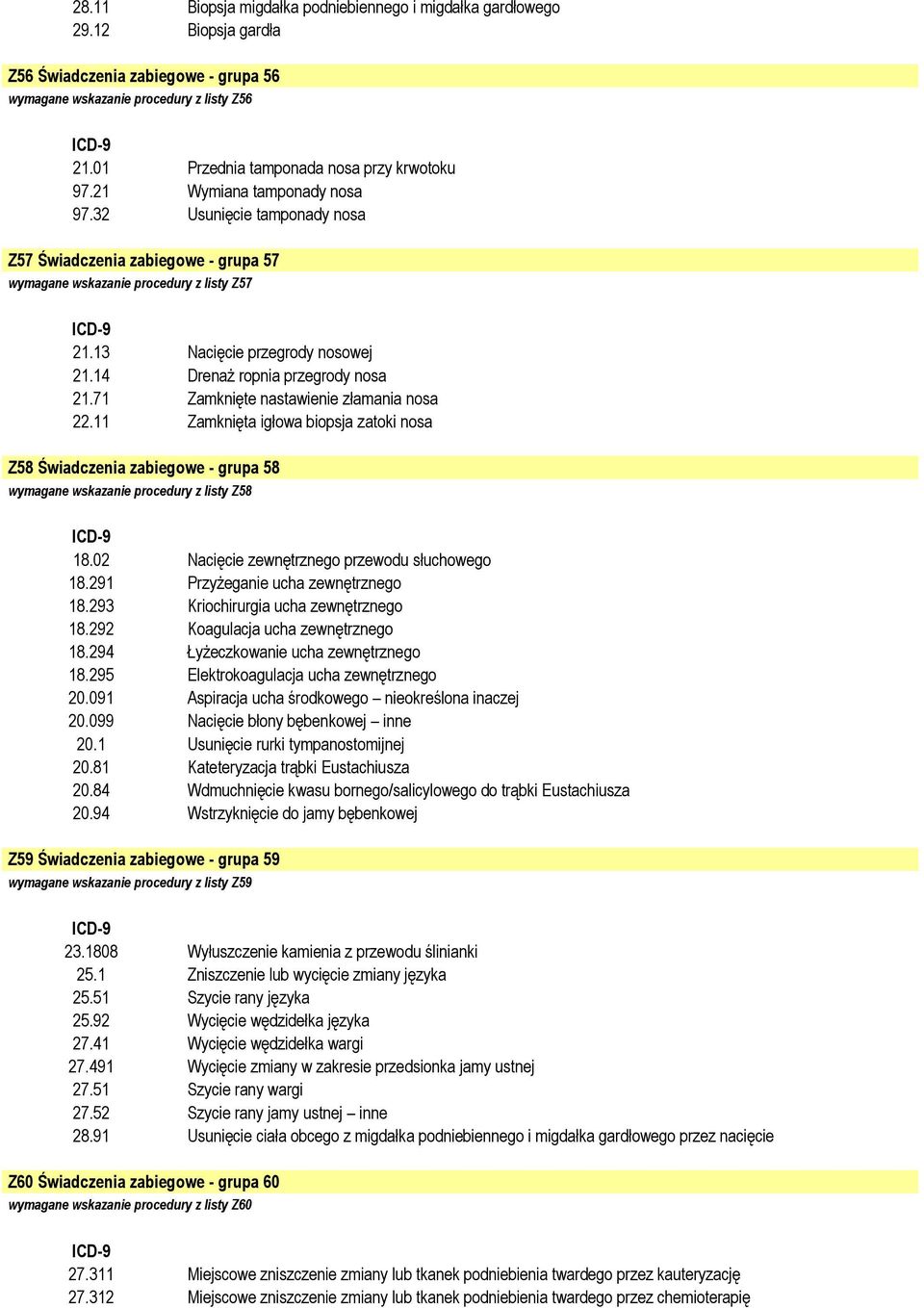 13 Nacięcie przegrody nosowej 21.14 Drenaż ropnia przegrody nosa 21.71 Zamknięte nastawienie złamania nosa 22.