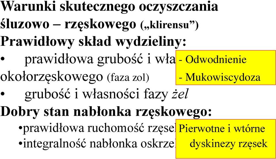 zol) grubość i własności fazy żel Dobry stan nabłonka rzęskowego: prawidłowa ruchomość