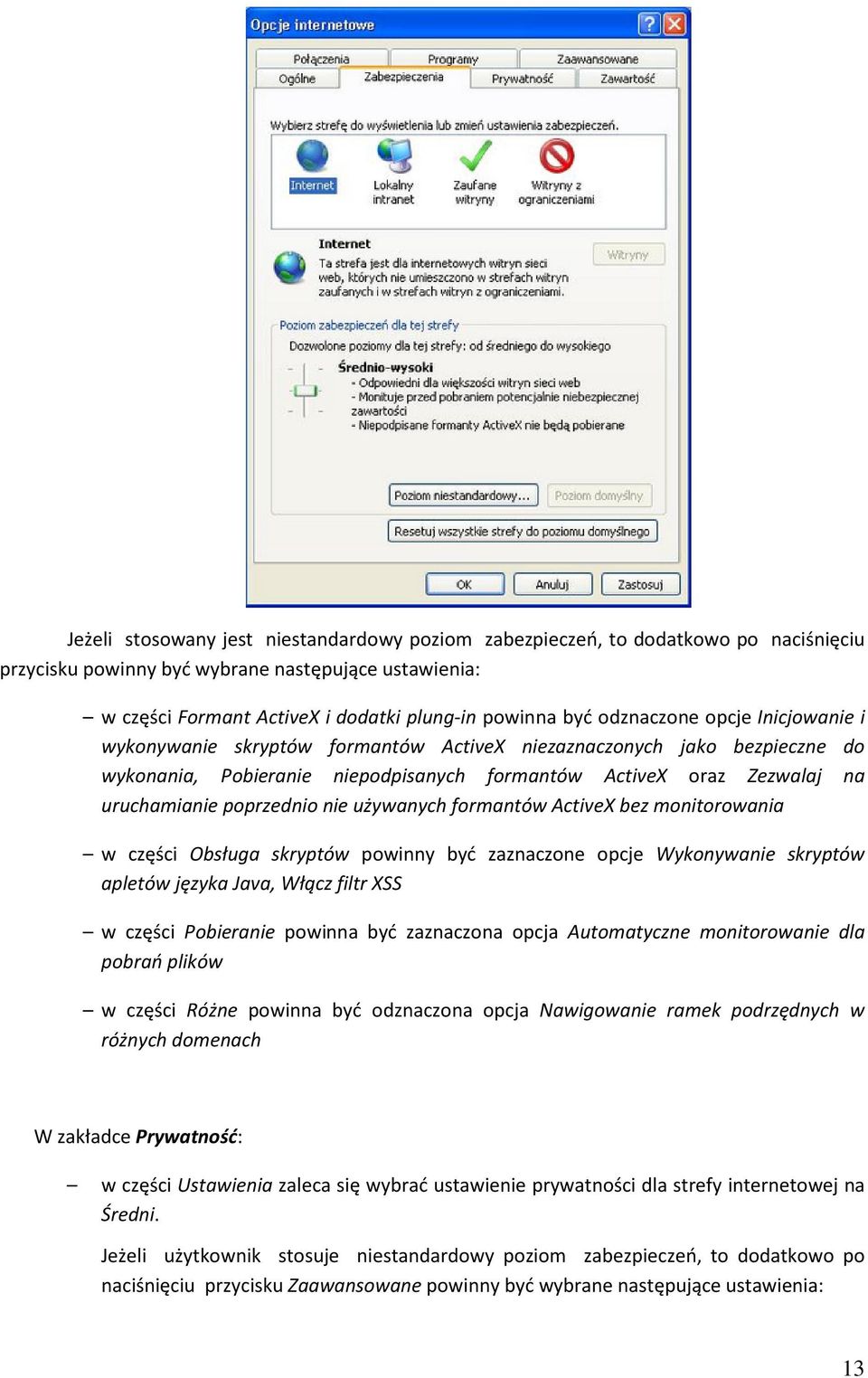 poprzednio nie używanych formantów ActiveX bez monitorowania w części Obsługa skryptów powinny być zaznaczone opcje Wykonywanie skryptów apletów języka Java, Włącz filtr XSS w części Pobieranie