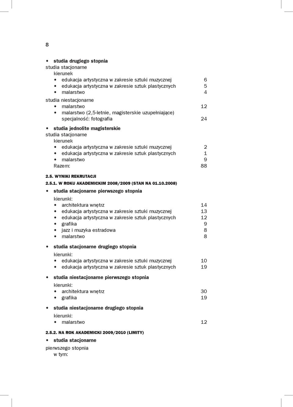 edukacja artystyczna w zakresie sztuk plastycznych 1 malarstwo 9 Razem: 88 2.5. Wyniki rekrutacji 2.5.1. W roku akademickim 2008/2009 (stan na 01.10.