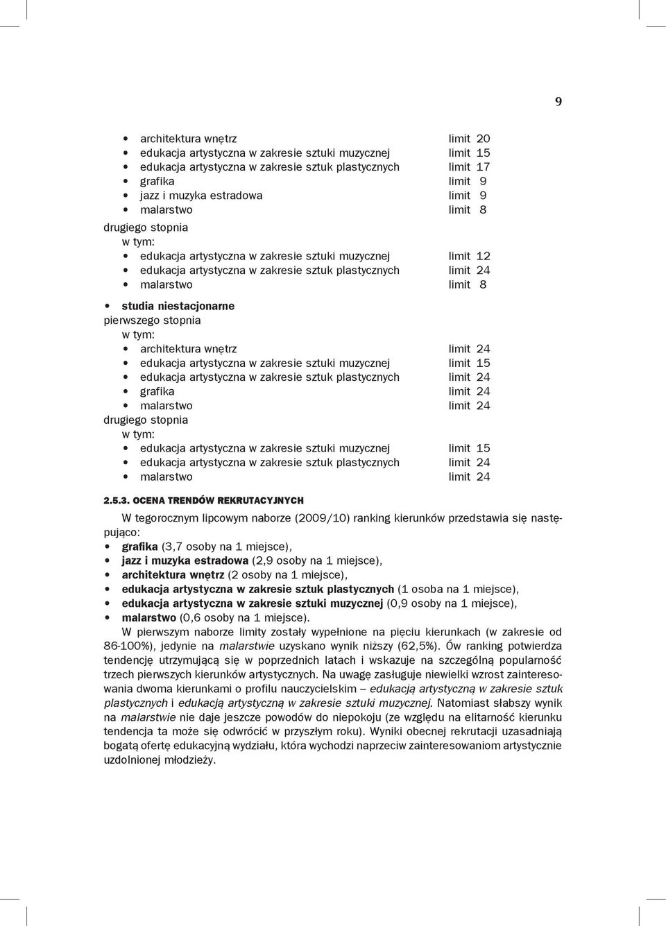 pierwszego stopnia w tym: architektura wnętrz limit 24 edukacja artystyczna w zakresie sztuki muzycznej limit 15 edukacja artystyczna w zakresie sztuk plastycznych limit 24 grafika limit 24 malarstwo