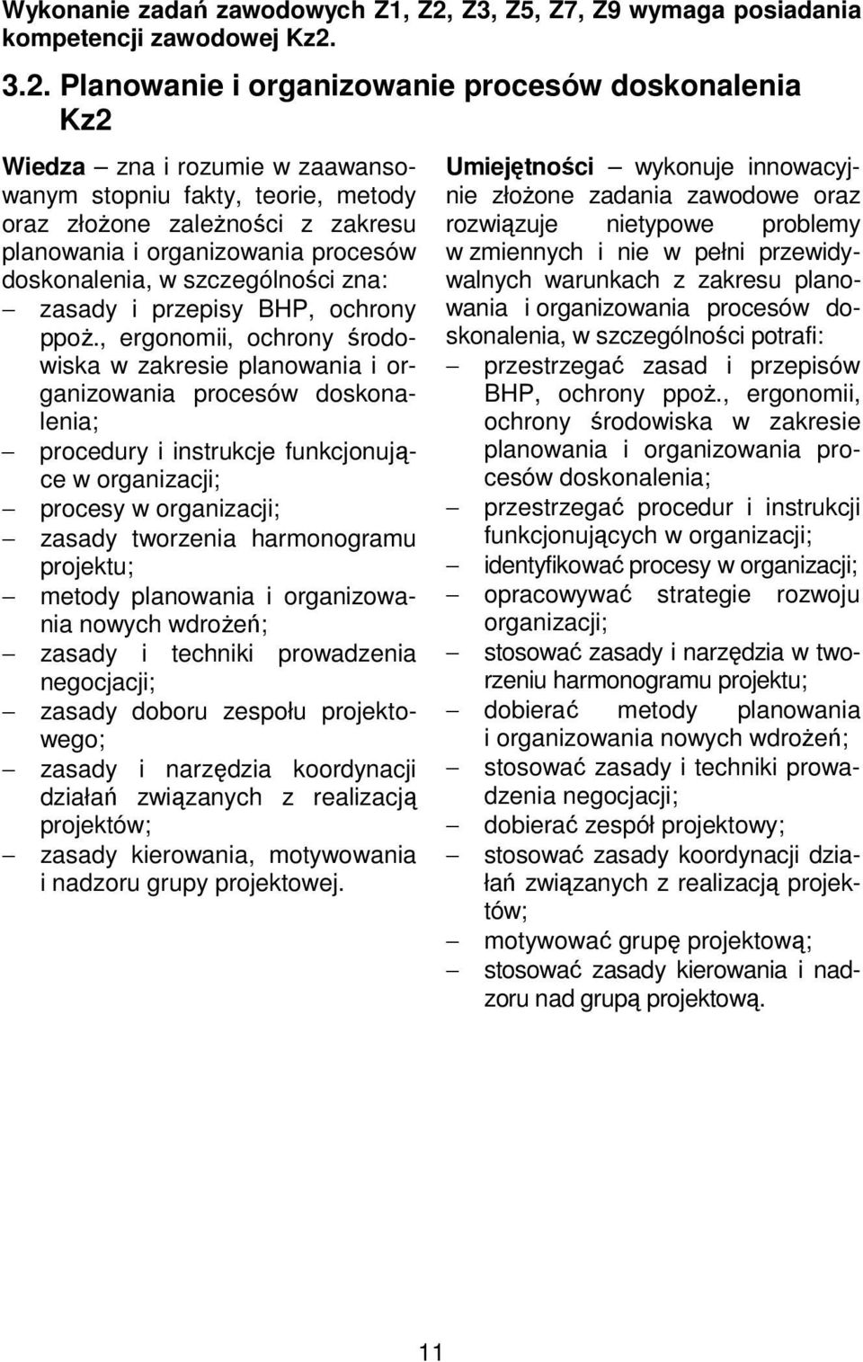 3.2. Planowanie i organizowanie procesów doskonalenia Kz2 Wiedza zna i rozumie w zaawansowanym stopniu fakty, teorie, metody oraz złożone zależności z zakresu planowania i organizowania procesów