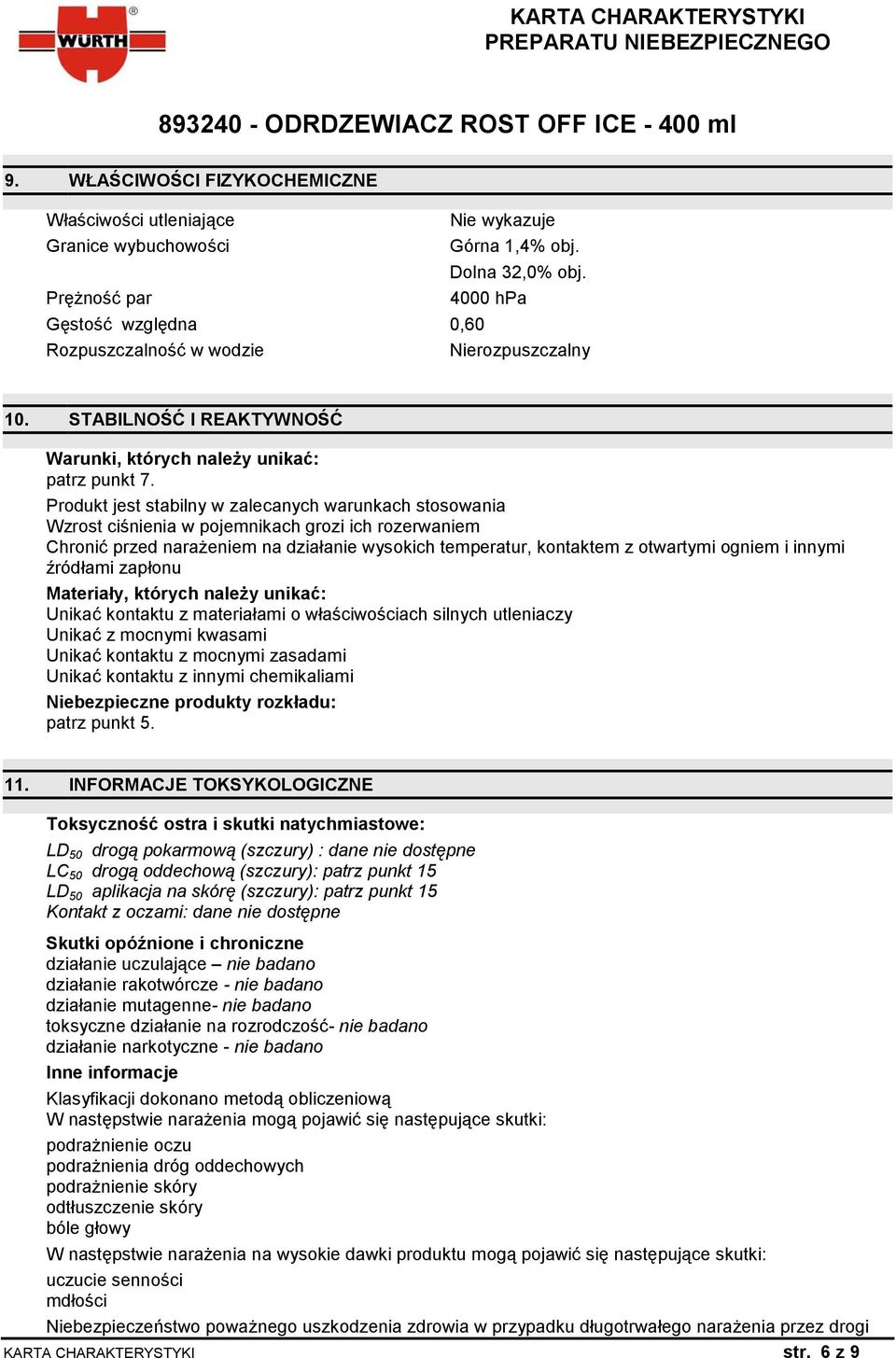 Produkt jest stabilny w zalecanych warunkach stosowania Wzrost ciśnienia w pojemnikach grozi ich rozerwaniem Chronić przed narażeniem na działanie wysokich temperatur, kontaktem z otwartymi ogniem i